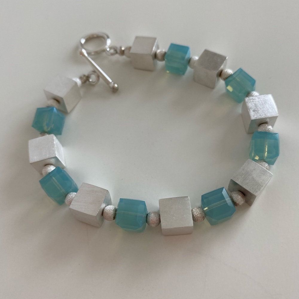 Hand-crafted Sterling 8mm Cube & Swarovski Pacific Opal Crystal Bracelet.